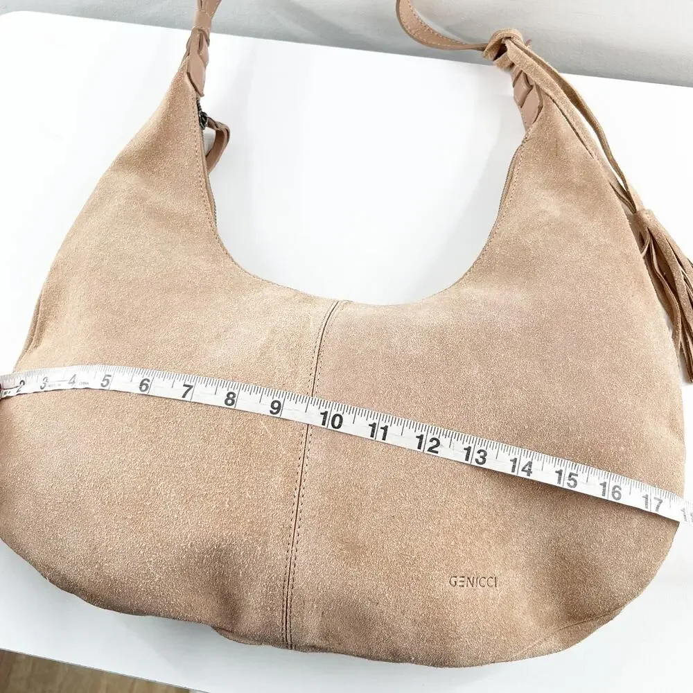 Genicci Leather Suede Shoulder Hobo Bag Purse Camel Tan Brown - Picture 10 of 10